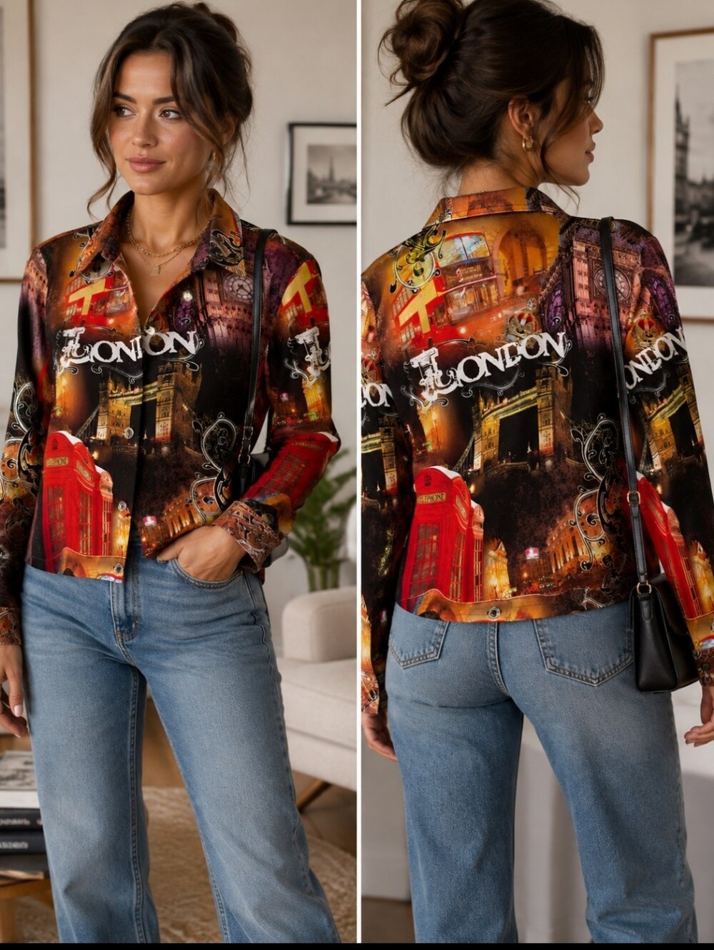 Y2K London Cityscape Graphic Button Up Art to Wear Travel Shirt Sz M